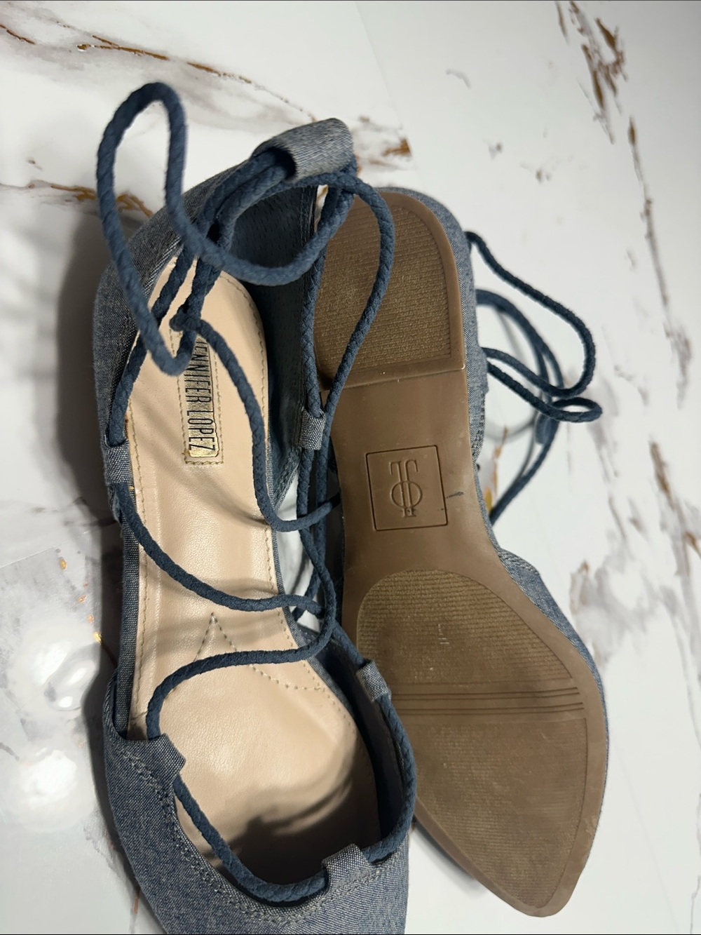 Jennifer Lopez Denim Lace-Up Flats Ballet Style Chic and Trendy. - Picture 8 of 12